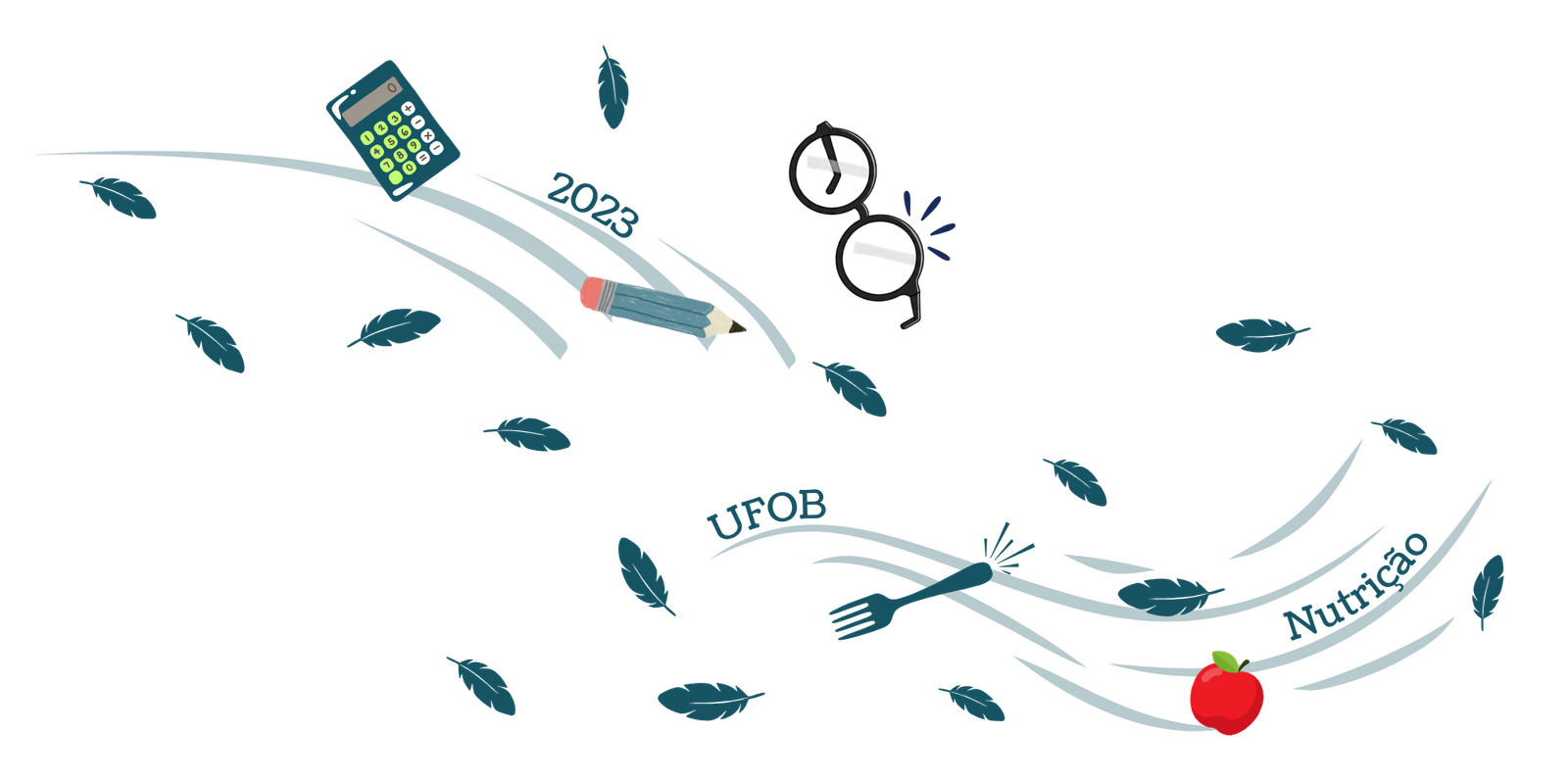 Ilustração do início do projeto em 2023, com calculadora, lápis, óculos e as palavras UFOB e Nutrição