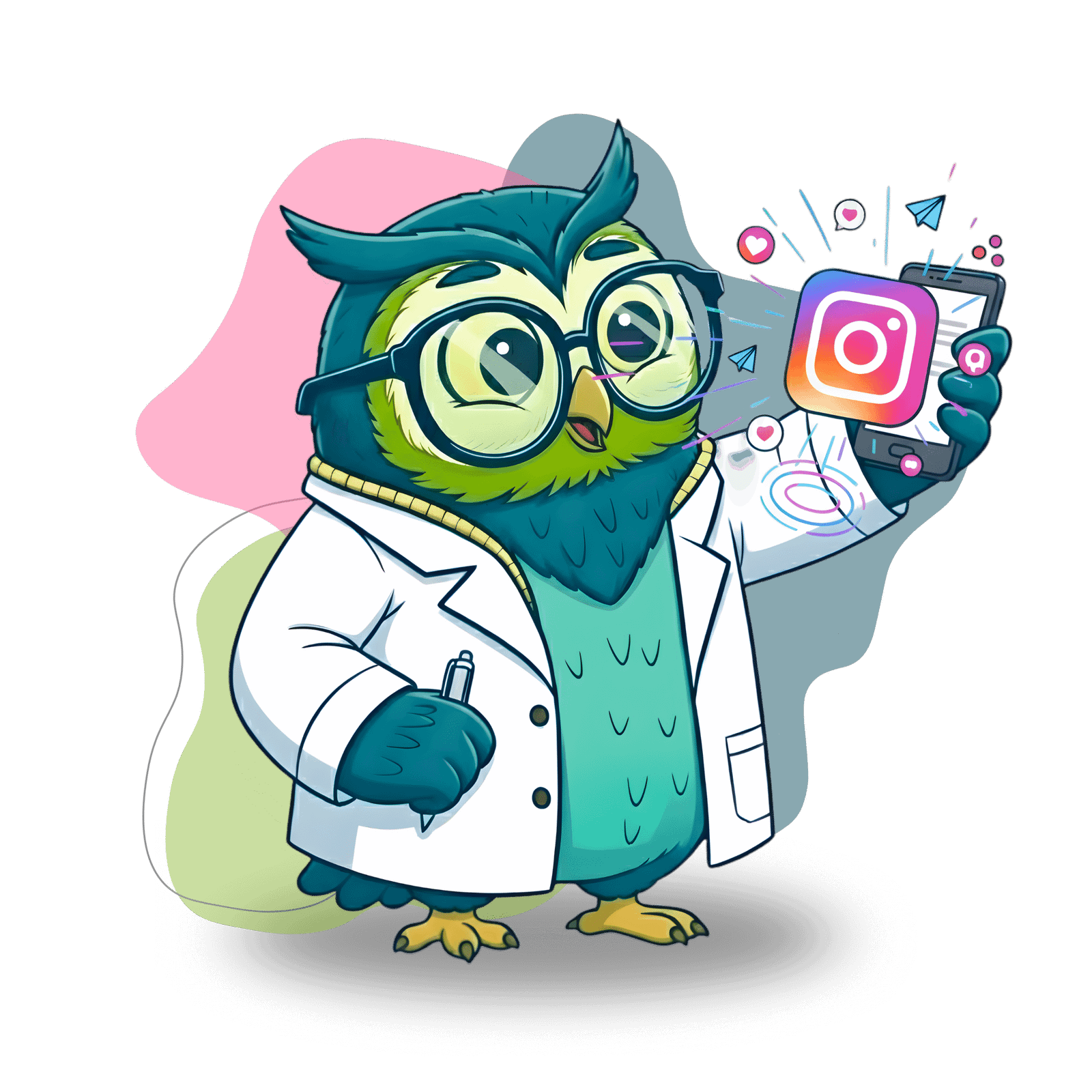 Coruja do CoruNutri de jaleco segurando um celular com o Instagram